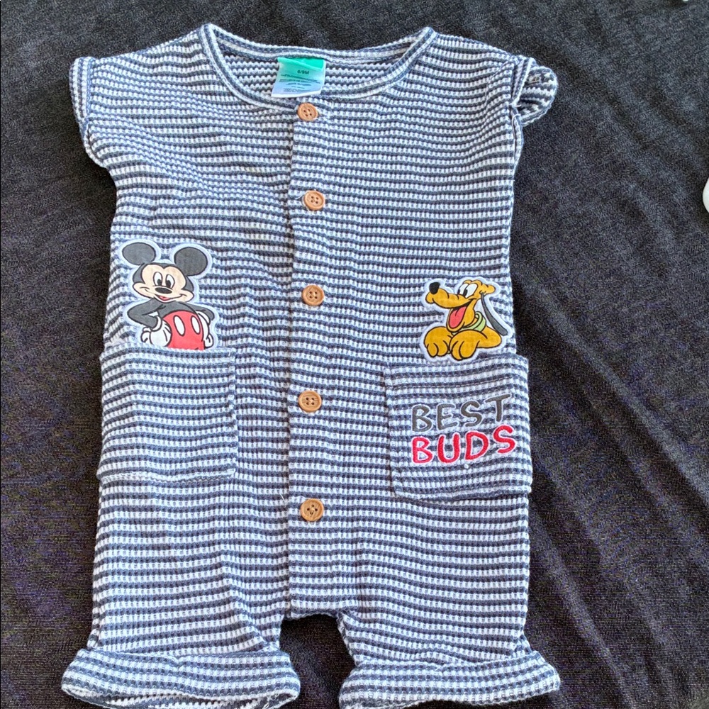 Disney Blue and White Striped Mickey & Pluto One-Piece Footie